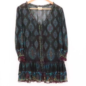 ECI New York Sheer Button Tunic Top Mini Dress Boho Y2K‎ Ruffle Indie Size M